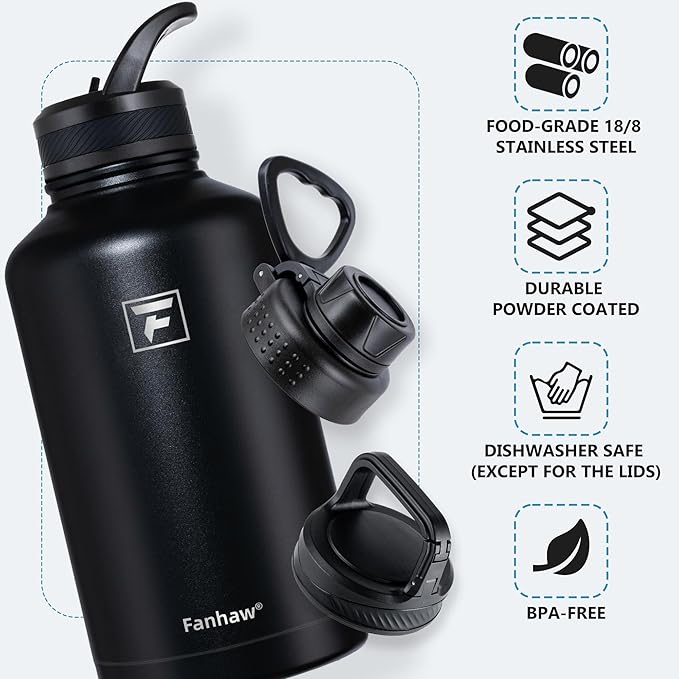 Fanhaw 64 oz Insulated Water Bottle – Large Stainless Steel Jug with 3 Lids (Straw, Spout, Carabiner) | Heavy-Duty, for Camping, Backpacking, Long Hikes & Outdoor Work (Black)