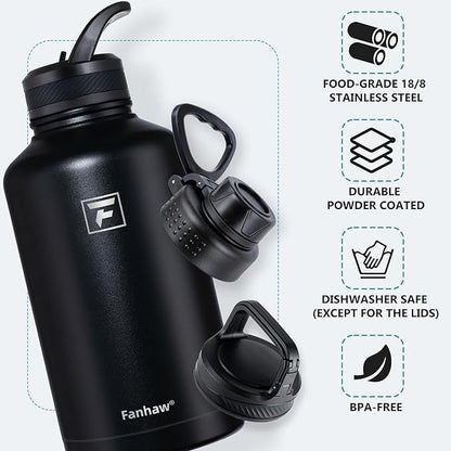 Fanhaw 64 oz Insulated Water Bottle – Large Stainless Steel Jug with 3 Lids (Straw, Spout, Carabiner) | Heavy-Duty, for Camping, Backpacking, Long Hikes & Outdoor Work (Black)