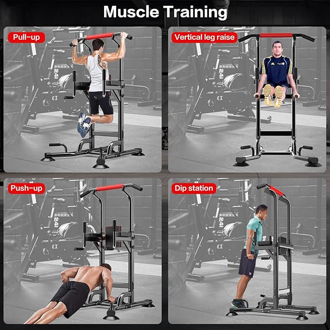 Power Tower Pull Up Bar Station Dip Stands with 6 Height Levels 59”-90” for Home Gym Workout Station Strength Training Equipment