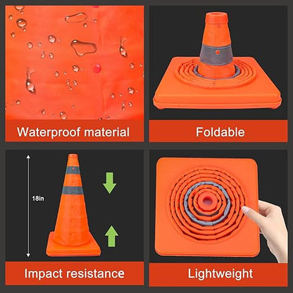 TENKAIWICK 18 Inch 3 Pack Traffic Cones, Collapsible Safety Cones, Multi Purpose Pop-up Cones with Reflective Collar, Orange Cones for Parking lot, Driveway, Driving Training etc