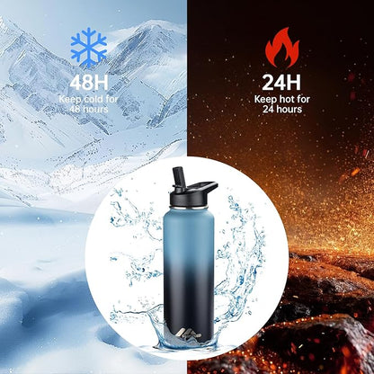 StarSpeed 40oz Insulated Water Bottle with Straws & 2 Lids, Stainless Steel Double Walled Vacuum Water Flask, Wide Mouth Sports Water Bottle for Gym Camping Hiking, Indigo Black