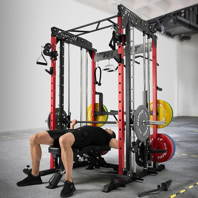 RitFit M1 Pro Smith Machine with Cable Crossover System, Multi-Function Squat Rack Power Cage for Home Gym, Power Rack and Packages