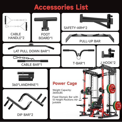Smith Machine Power Rack, Eryntix All-in-One Power Cage with Cable Crossover, Squat Rack, LAT Pulldown & Pull-Up Bar, 2600LBS Capacity Home Gym Equipment with 18 Attachments for Strength Training