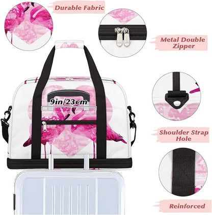 Couple Flamingo Foldable Travel Duffel Bag Tote Carry On Luggage Sports Gym Bag With Shoe Compartment For Woman Man Overnight Weekend Yoga Workout Training Handbag