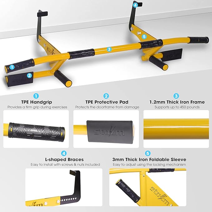 STOZM MultiEx Chin Up Bar – Doorway Chin Up Bar with Multiple Color Options, Push Up Capability, TPE-Protected Grip Positions, Smart Locking Mechanism and 450lbs Weight Capacity