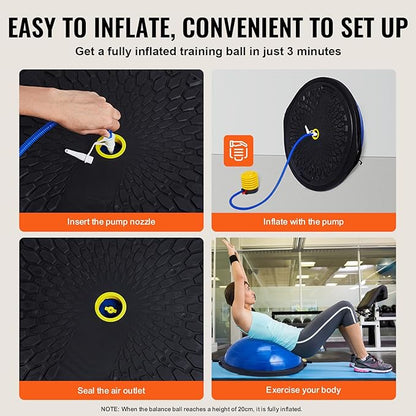 VEVOR Half Exercise Ball Trainer, 23/26 inch Balance Ball Trainer, 1500lbs Capacity Stability Ball, Yoga Ball with Resistance Bands & Foot Pump, Strength Fitness Ball for Home Gym Full Body Workout