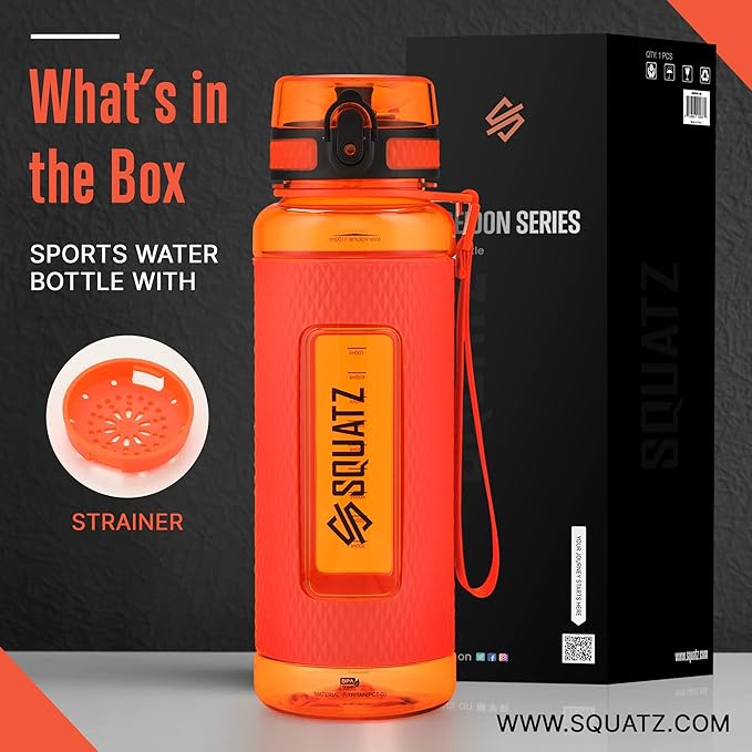 SQUATZ 40 Oz Poseidon Series Water Bottle for Protein and Fruit Shakes - Premium Quality Wide Mouth Gym Flask Fruit Infuser Strainer, Carrying Strap, Leak Resistance, No Condensation Sleeve, Orange