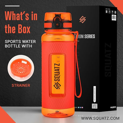 SQUATZ 40 Oz Poseidon Series Water Bottle for Protein and Fruit Shakes - Premium Quality Wide Mouth Gym Flask Fruit Infuser Strainer, Carrying Strap, Leak Resistance, No Condensation Sleeve, Orange