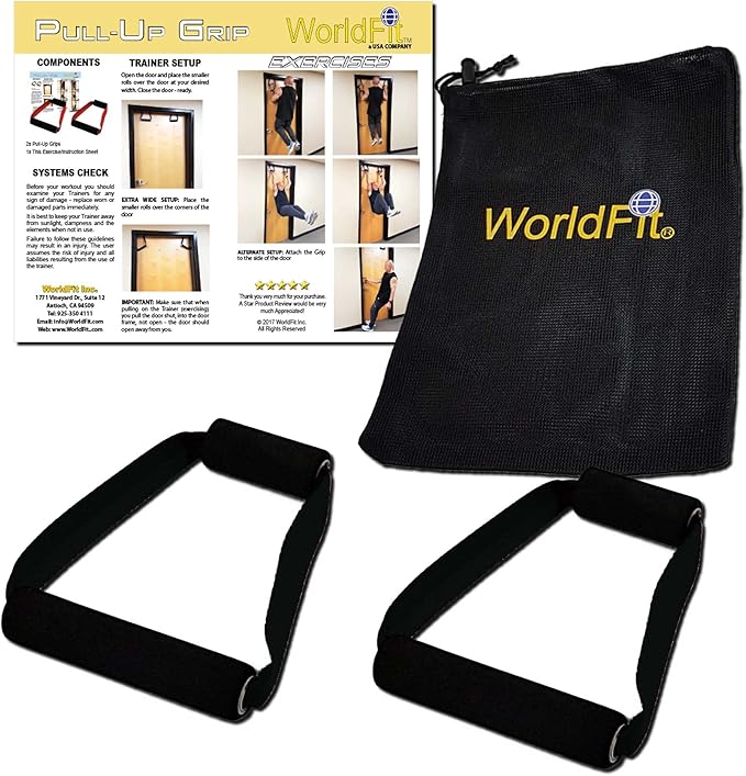 WorldFit Crazy-8 Pull-Up Grips and ISO Trainer for Door in Home, Office and Hotel, Portable Gym in a Bag (Black)