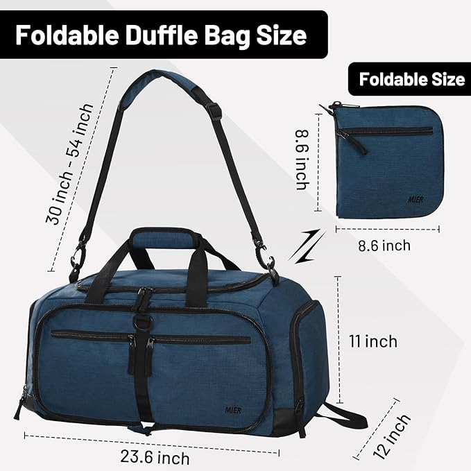 MIER Foldable Duffle Bag with Shoe Compartment 50L Travel Duffel Bags for Men Women Packable Overnight Bag for Camping Gym Weekender, Drak Blue