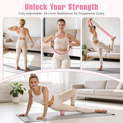 Pilates Equipment, Pilates Kit for Home Workouts, Home Pilates Essentials Kit for Women with Pilates Ring and Ball Set, Socks, ankle resistance bands with cuffs, Resistance Band and Massage ball...