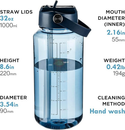 OLDLEY 32 oz Clear Water Bottle with Straw,Tritan BPA-Free, Wide Mouth, Leak Proof - for Gym, Travel, Home, School, Office (Midnight Blue)