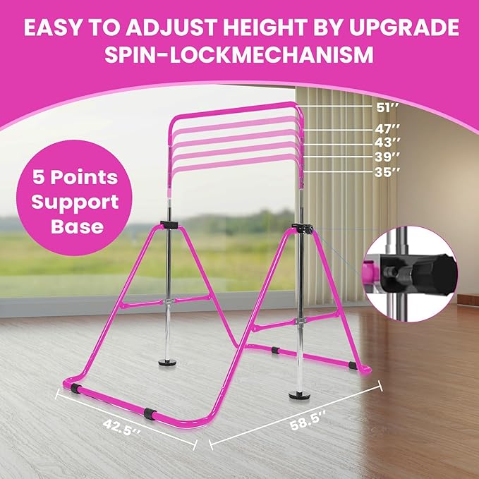 Amrta Foldable Gymnastics Bar with Rings, Adjustable Collapsible Horizontal Training Equipment Set for Indoor Outdoor Home Use Gym Gift in Pink Purple Blue