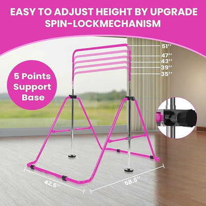 Amrta Foldable Gymnastics Bar with Rings, Adjustable Collapsible Horizontal Training Equipment Set for Indoor Outdoor Home Use Gym Gift in Pink Purple Blue