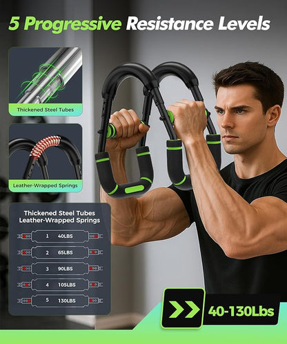 Twister Arm Trainer, Adjustable 5 Resistance Levels (40-130 lbs) Chest & Arm Workout Equipment for Men & Women, Ergonomic Home Gym Strength Trainer with Anti-Slip Handles & Carry Bag (Green)