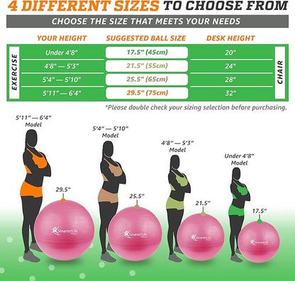 SmarterLife Exercise Ball Yoga Ball for Fitness, Balance, Stability, or Pregnancy, Gym Ball for Core Workout, Physical Therapy, Yoga Ball Chair for Office, Anti-Slip Anti-Burst