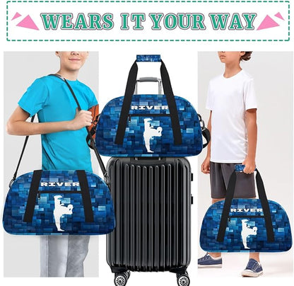 Custom Sports Gym Bag for Boys, Personalized Kids Training Bag Customized Travel Duffle Bag with Name Ranked, White Taekwondo Blue
