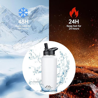 StarSpeed 32oz Insulated Water Bottle with Straw Lid, Stainless Steel Double Walled Vacuum Water Flask, Wide Mouth Sports Water Bottle for Gym Camping Hiking, White