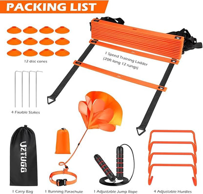 UZTUGG Soccer Training Equipment, Speed Agility Training Equipment for Youth Adults, 20ft Agility Ladder, 4 Hurdles, Jump Rope, 12 Cones, Running Parachute, Basketball Football Training Equipment