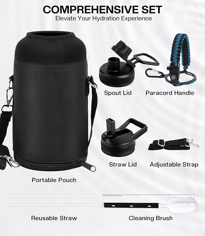Insulated Water Bottle 64 oz(COLD for 36 Hrs), Non-BPA & Leak Proof, Half Gallon Sports Stainless Steel Water Jug Large with Straw, Indigo Black
