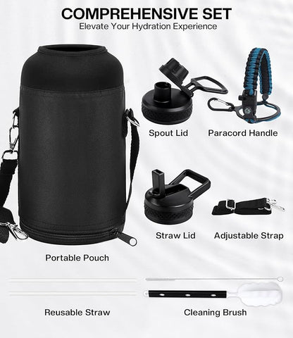 Insulated Water Bottle 64 oz(COLD for 36 Hrs), Non-BPA & Leak Proof, Half Gallon Sports Stainless Steel Water Jug Large with Straw, Indigo Black