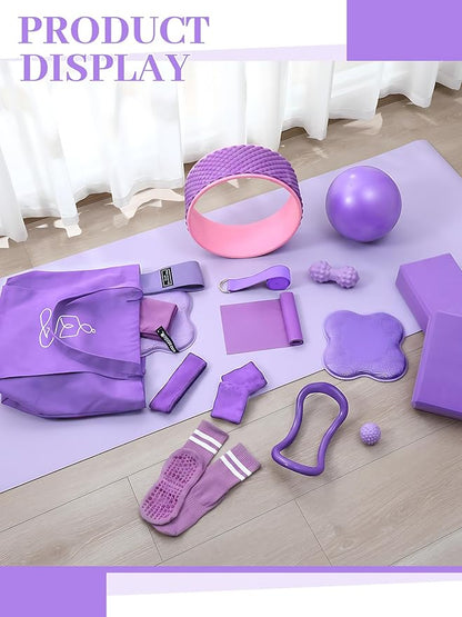 17 Pcs Yoga Essential Kit for Women, Pilates Equipment Starter Set for Beginners with Yoga Wheel Ball Blocks Strap Resistance Bands Wrist Rings Socks Towel & Carry Bag for Home Workouts