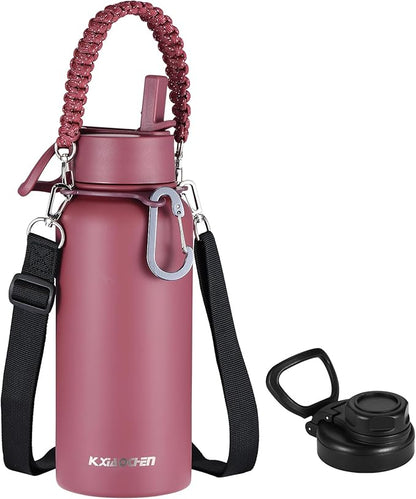 KXIAOCHEN Insulated Water Bottle, Stainless Steel Water Bottle, 2 Lids (Straw and Handle Lid),Wide Mouth Metal Water Bottles Keep Hot and Cold, Double Walled, Thermo Mug, Metal Canteen