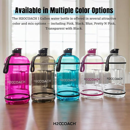 H2OCOACH 1 Gallon Hydration Jug with Time Marker & Measurements, BPA-Free Tritan Sports Drink Container, Motivational Daily Intake Tracker for Gym, Workout, & Fitness Routines (128 oz, Blue)