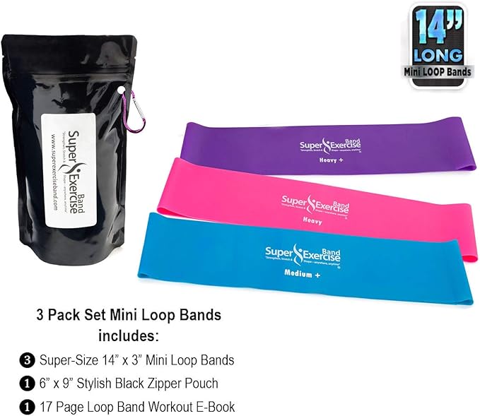 USA 14" x 3" Extra Long Latex Free Mini Loop Bands in 3, 5, 10 Pack Sets. 10 Strengths for Resistance Training, Stretching, Yoga, Toning. Plus an Exclusive iPhone App and E-Book.