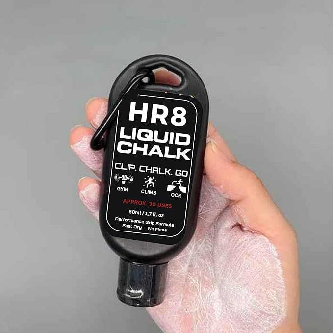 HR8 Liquid Chalk 50ml with Carabiner, Chalkless Mess-Free Grip for Gym, Weightlifting & Rock Climbing Chalk, Liquid Chalk Gym (Up to 30 Uses)