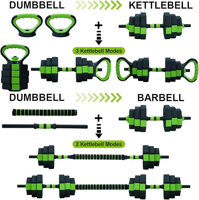 Adjustable Dumbbell Set, 30/44/66/88Lbs Free Weight Set with Connector, 4 In1 Dumbbells Set Used As Barbell, Kettlebells, Push Up Stand,Green and Black