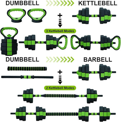 Adjustable Dumbbell Set, 30/44/66/88Lbs Free Weight Set with Connector, 4 In1 Dumbbells Set Used As Barbell, Kettlebells, Push Up Stand,Green and Black