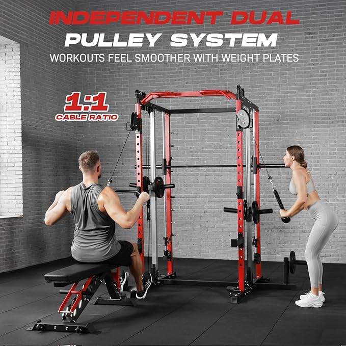 Power Cage Home Gym, Dual Pulley Cable Crossover System, All-in-One Squat Power Rack with Strength Training Attachments for Full-Body Workouts