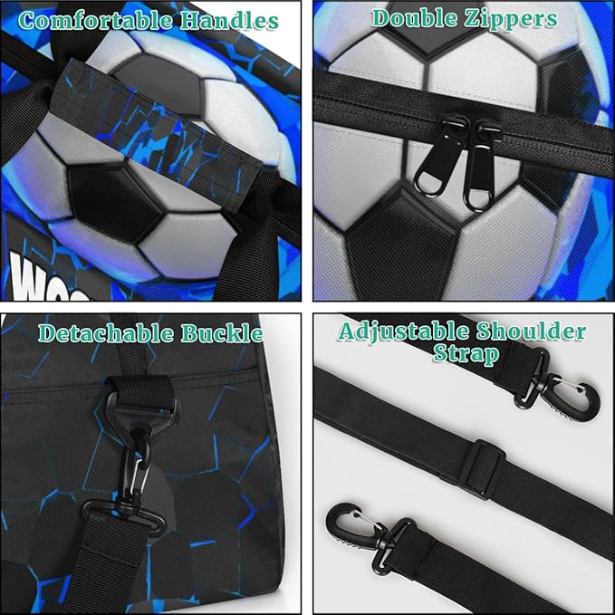 Custom Name Sports Bag for Kids Boys, Personalized Gym Duffel Fitness Travel Weekender Tote Carry-On Training Perform Bag, Soccer Black Blue