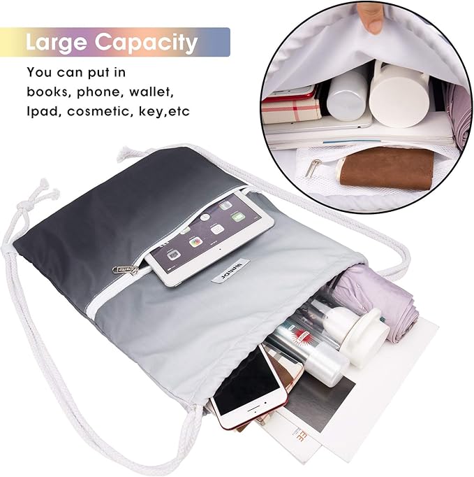 WANDF Drawstring Backpack String Bag Sackpack Cinch Water Resistant Nylon for Gym Shopping Sport Yoga (Grey)