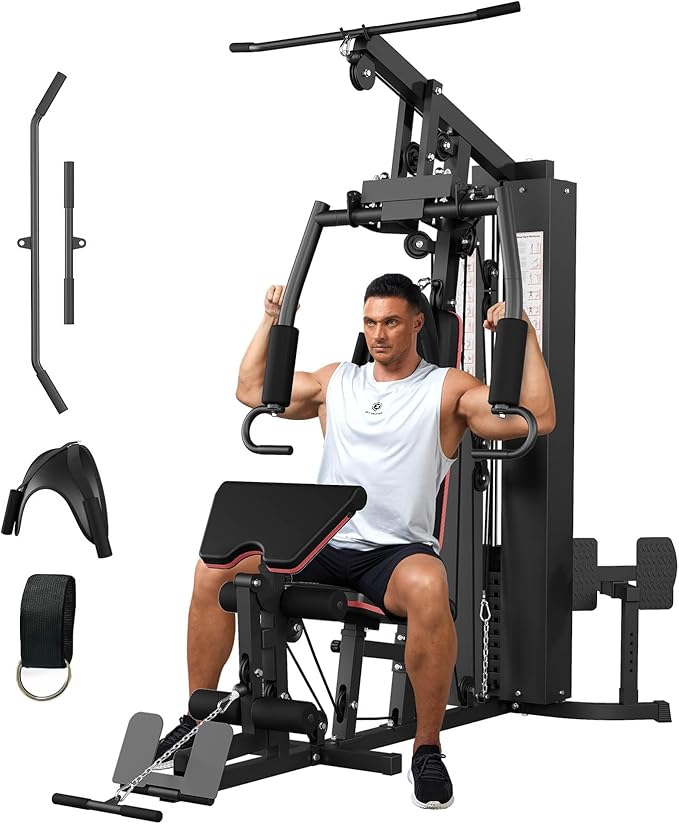 Multifunctional Home Gym Equipment, Workout Station with 150LBS Weight Stack, Home Gym Machine with Pulley System for Full Body Training