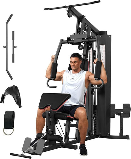 Multifunctional Home Gym Equipment, Workout Station with 150LBS Weight Stack, Home Gym Machine with Pulley System for Full Body Training