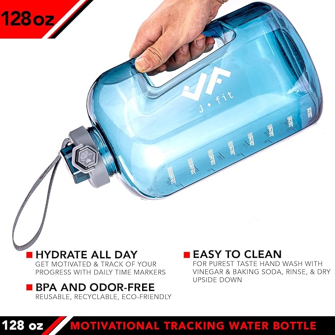 JFIT BPA Free Reusable Sports Water Bottle w/Time Markers, Leakproof Flip-Top Lid & Carry Strap – Durable PETG, 2.28" Wide-Mouth for Ice – Eco-Friendly, Odor-Free & Easy to Clean