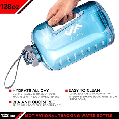 JFIT BPA Free Reusable Sports Water Bottle w/Time Markers, Leakproof Flip-Top Lid & Carry Strap – Durable PETG, 2.28" Wide-Mouth for Ice – Eco-Friendly, Odor-Free & Easy to Clean