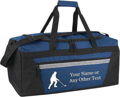 Personalized Sports Duffel Bags for Men and Women - 22” Customized Travel Duffle with Name & Hockey Design - Water Resistant Two-Toned Overnight Weekender Bag - Navy