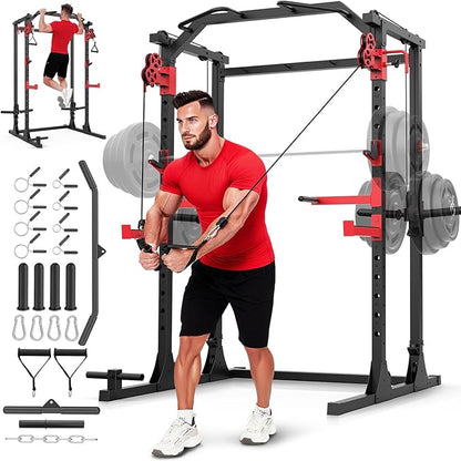 OPPSDECOR Power Cage, 2000LBS Squat Rack with Dual Pulley Cable Crossover System, Multifunctional Power Rack with More Training Attachments for Home Gym, Weight Cage Fits Compact Space