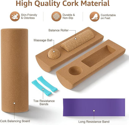 Natural Cork 5 in 1 Balance Board Kit, Foot & Ankle Strengthener with Massage Roller, Ball, Toe & Yoga Resistance Bands, Balance Trainer for Stability, Foot Strength, Pain Relief & Home Fitness