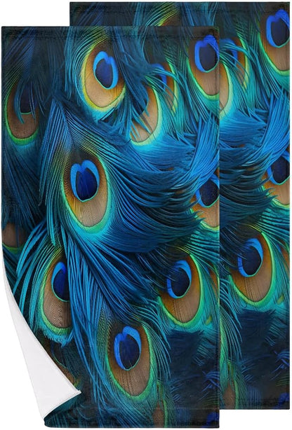 Green Blue Peacock Feather Hand Towels for Bathroom Set of 2, Decorative Bath Hand Towels, Soft Microfiber Absorbent Towel for Fitness, Yoga, Travel, Camping, Gym