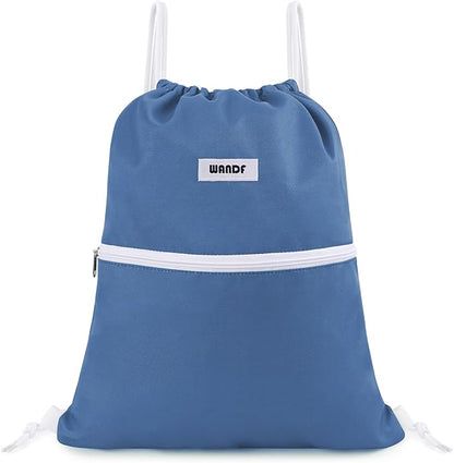 WANDF Drawstring Backpack String Bag Sackpack Cinch Water Resistant Nylon for Sport Yoga Gym Shopping (Dark Blue)