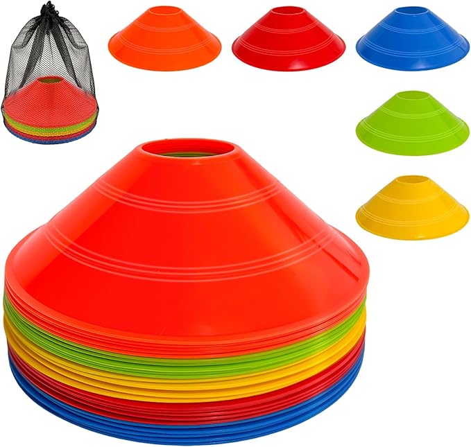 Soccer Cones for Sports Training with Mesh Carry Bag, Multi-Color Agility Disc Cones for Football Basketball Drills, 7.5 Inch Flexible Plastic Field Markers for Kids & Adults