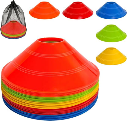 Soccer Cones for Sports Training with Mesh Carry Bag, Multi-Color Agility Disc Cones for Football Basketball Drills, 7.5 Inch Flexible Plastic Field Markers for Kids & Adults