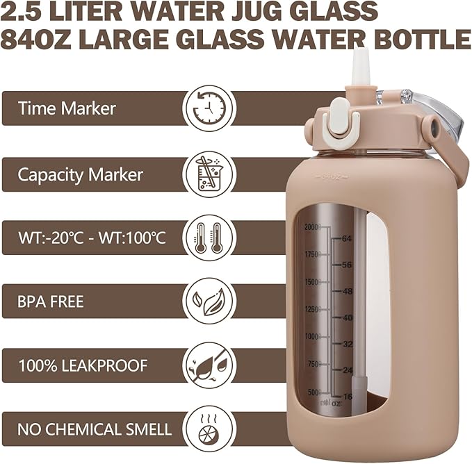 kytffu 84oz Glass Water Bottle with Straw, 2.5 Liter Large Water Bottle with Silicone Sleeve and OZ Marker, Wide Mouth Gallon Glass Bottle with 2-in-1 Lid, Leakproof Water Jug for Gym Home, Amber