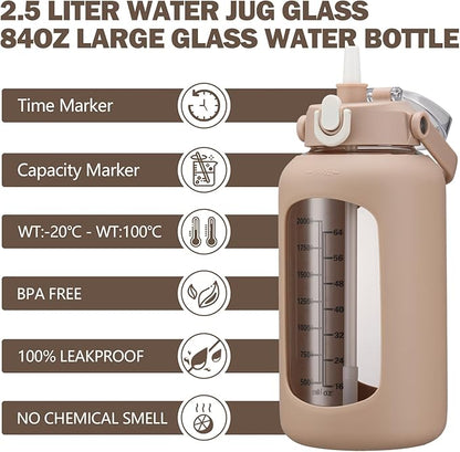 kytffu 84oz Glass Water Bottle with Straw, 2.5 Liter Large Water Bottle with Silicone Sleeve and OZ Marker, Wide Mouth Gallon Glass Bottle with 2-in-1 Lid, Leakproof Water Jug for Gym Home, Amber