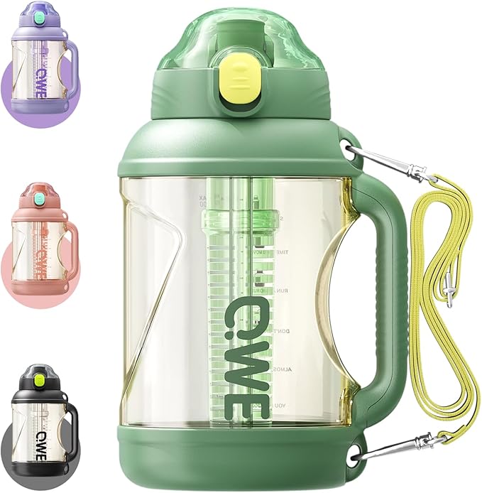 QWE Gym Plastic PPSU Water Bottles for men with Straw and Handle,Lightweight,54oz Large High-capacity for Hiking&Camping,Heat-resisting,Reusable, BPA Free,Double Drinking,leak proof(Green)