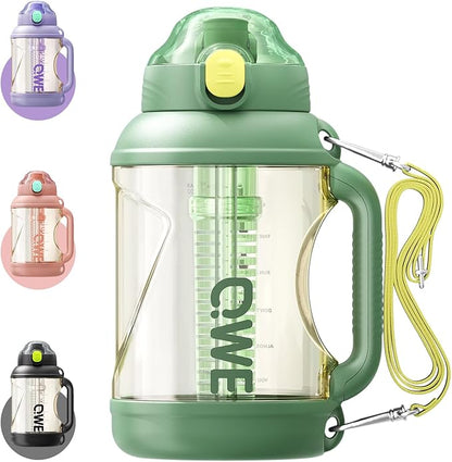 QWE Gym Plastic PPSU Water Bottles for men with Straw and Handle,Lightweight,54oz Large High-capacity for Hiking&Camping,Heat-resisting,Reusable, BPA Free,Double Drinking,leak proof(Green)